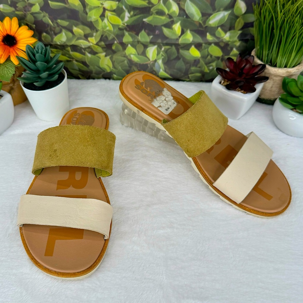 {Sorel} Ella II 2 Slide Slip-on Sandals, Two-Tone Suede & Leather Straps, Size 7